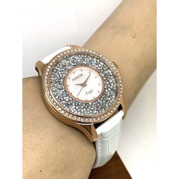 Invicta Womens Watch 24588 Angel Quartz Rose Gold Silver White Leather Band 40mm main image 9
